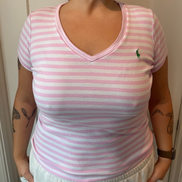 Ralph Lauren Pink and White Striped V-Neck Tee - Picture 1 of 4